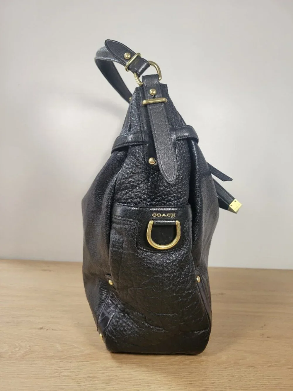 Coach Black Pebbled Leather Shoulder Bag | Gold Hardware | Classic Hobo Style - Picture 6 of 14